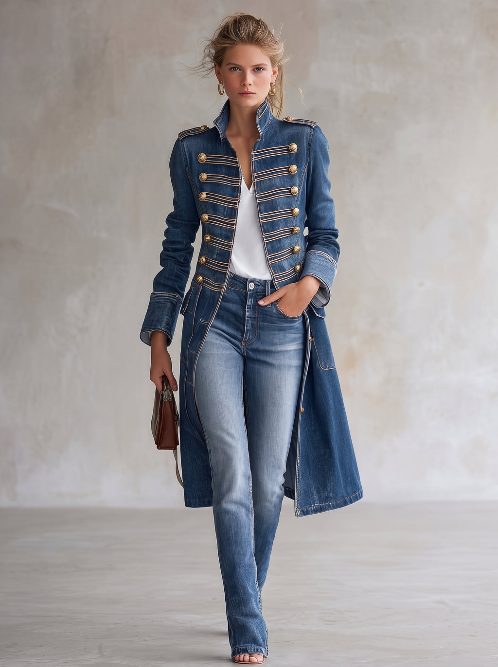 Cappotto lungo in denim dal taglio aderente in stile militare con bottoni dorati