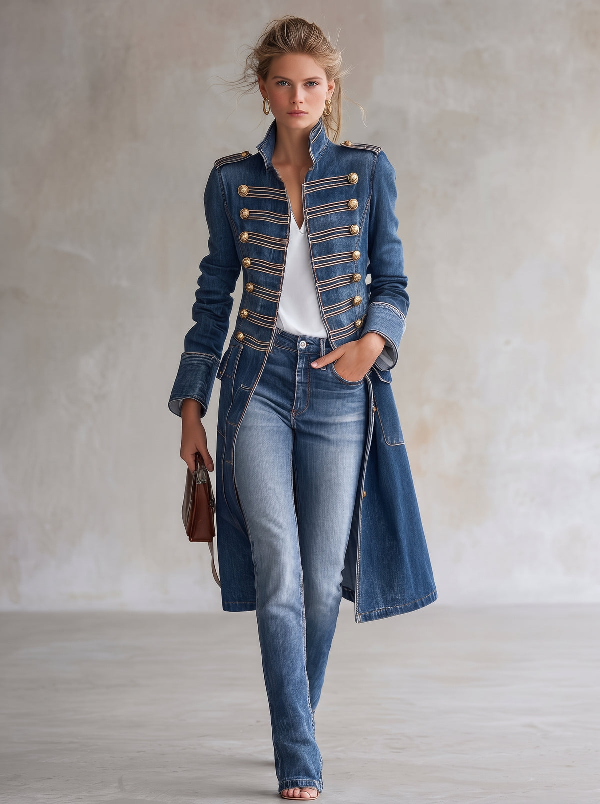 Cappotto lungo in denim dal taglio aderente in stile militare con bottoni dorati