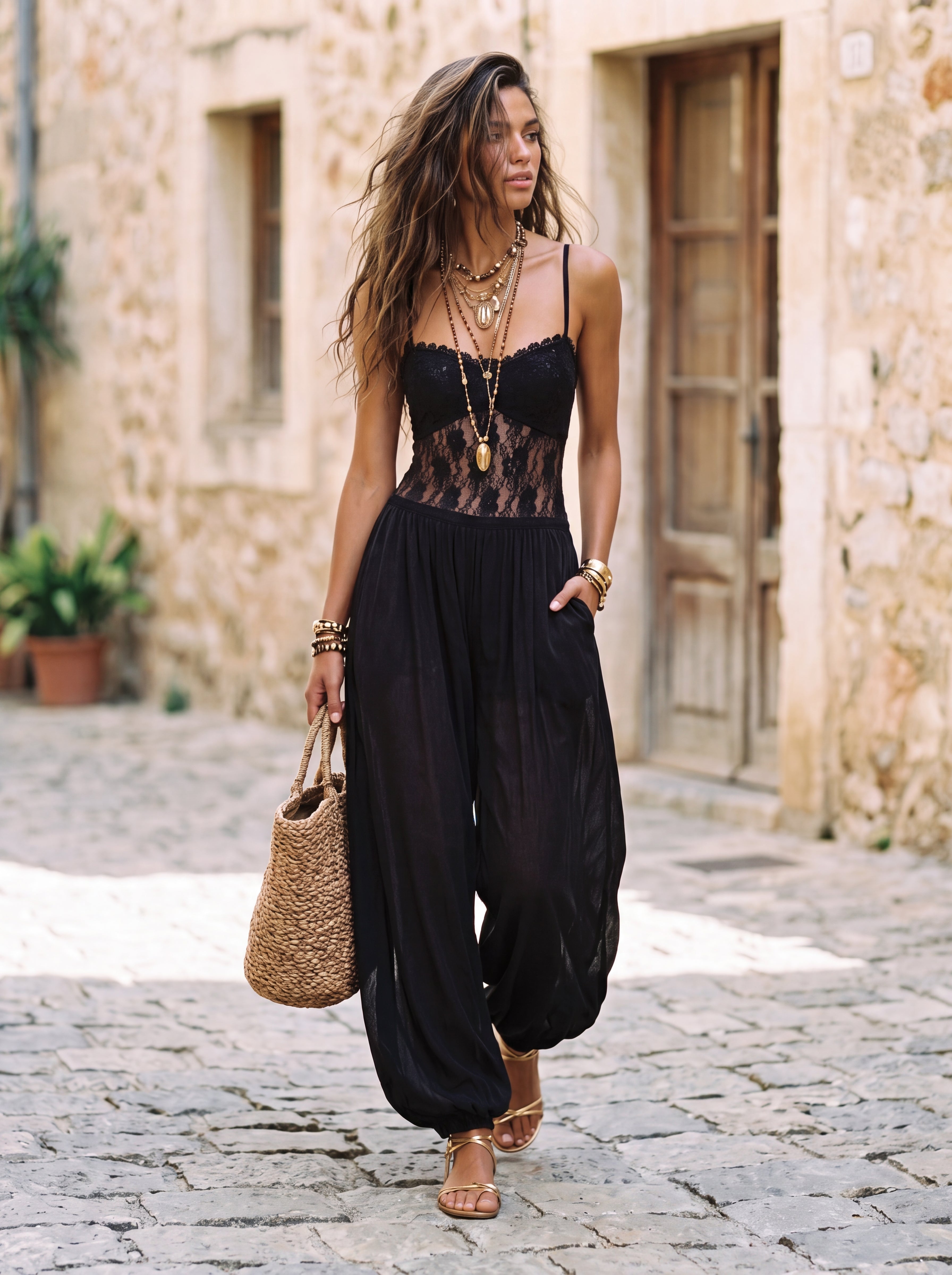 Laia | Tuta fluida con scollo all'americana in pizzo