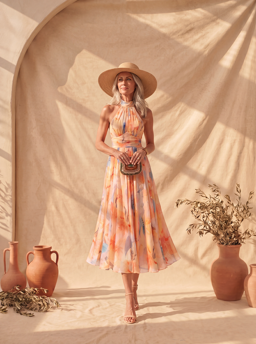 Aurora | Abito con Collo Halter e Stampa Acquerello