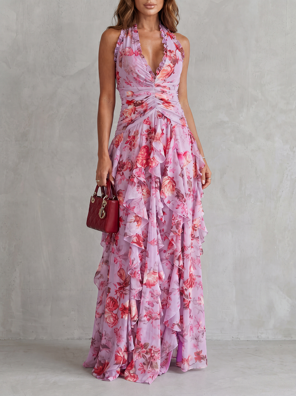 Belladina | Romantica Cascata di Rose Abito lungo con Scollo All'Americana
