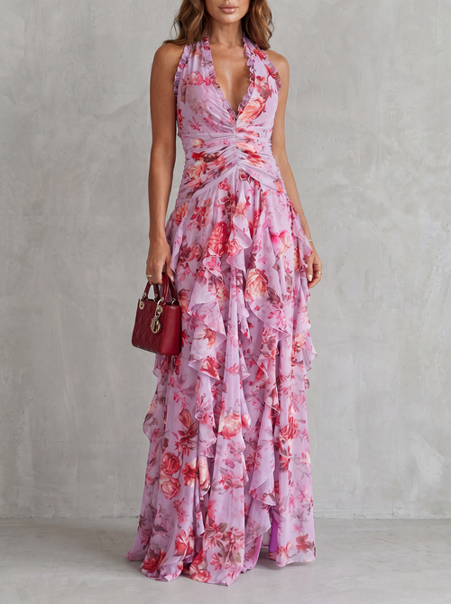 Belladina | Romantica Cascata di Rose Abito lungo con Scollo All'Americana