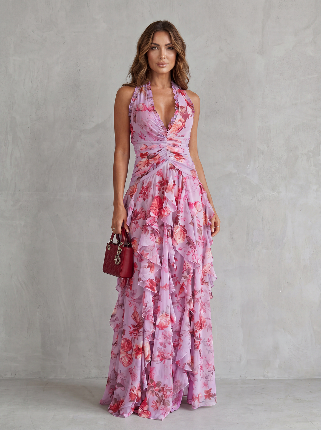 Belladina | Romantica Cascata di Rose Abito lungo con Scollo All'Americana