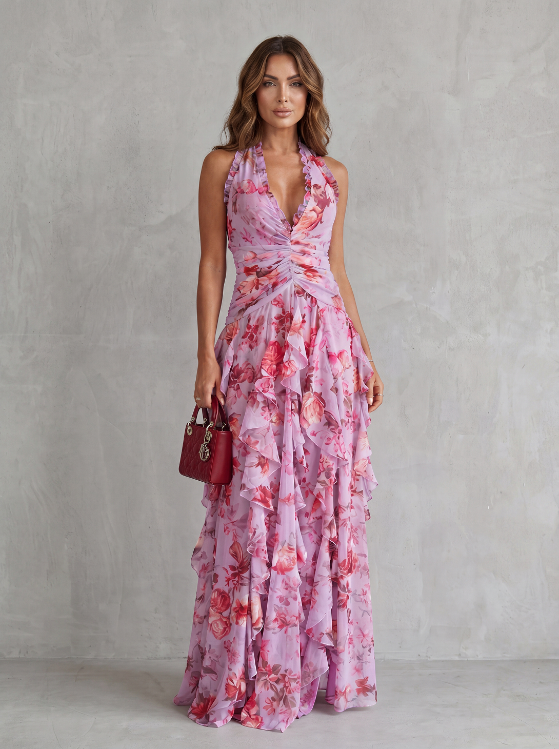Belladina | Romantica Cascata di Rose Abito lungo con Scollo All'Americana
