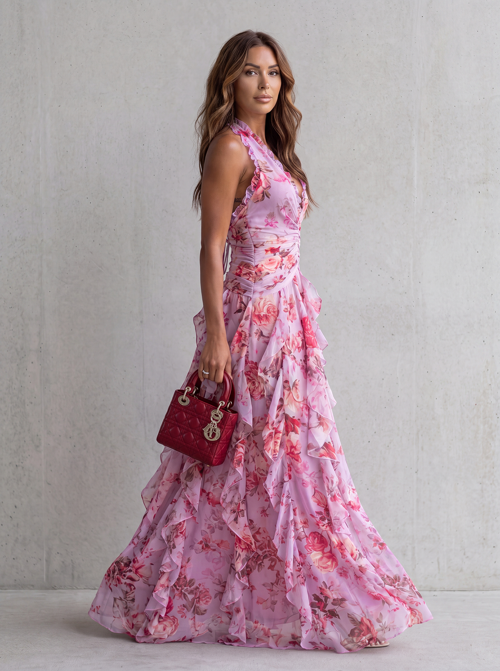 Belladina | Romantica Cascata di Rose Abito lungo con Scollo All'Americana