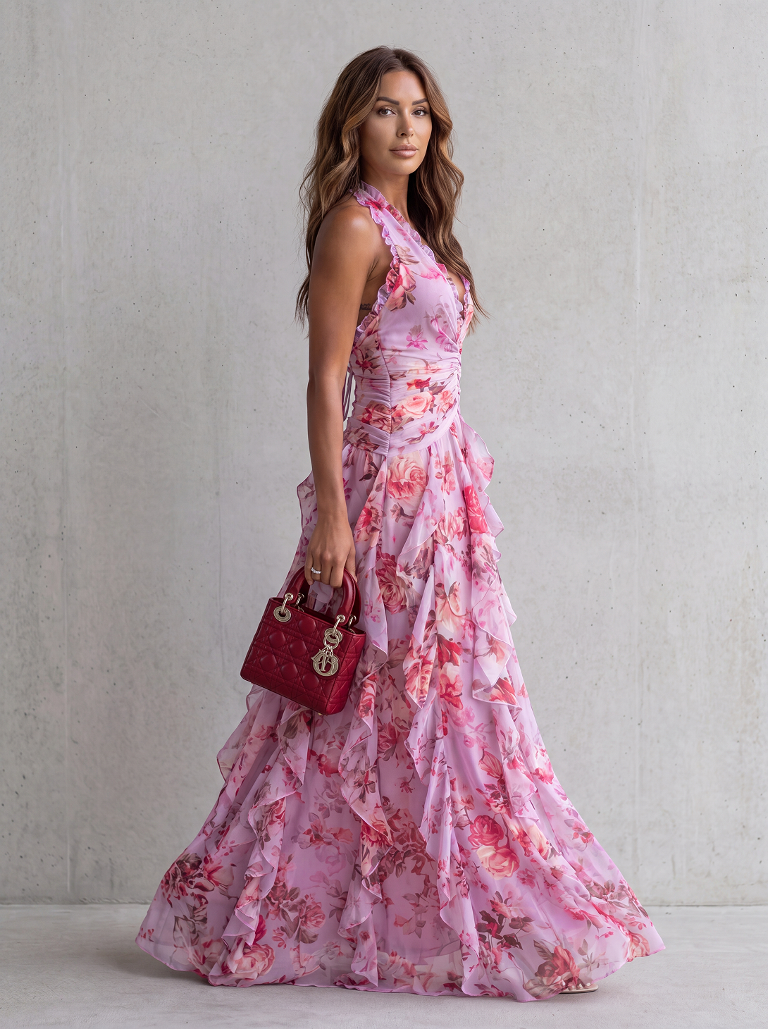 Belladina | Romantica Cascata di Rose Abito lungo con Scollo All'Americana