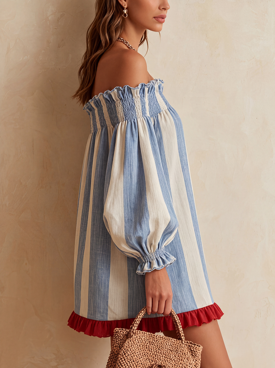 ONDINE | Mini abito strisce blu e bianco con spalle scoperte e orlo a contrasto