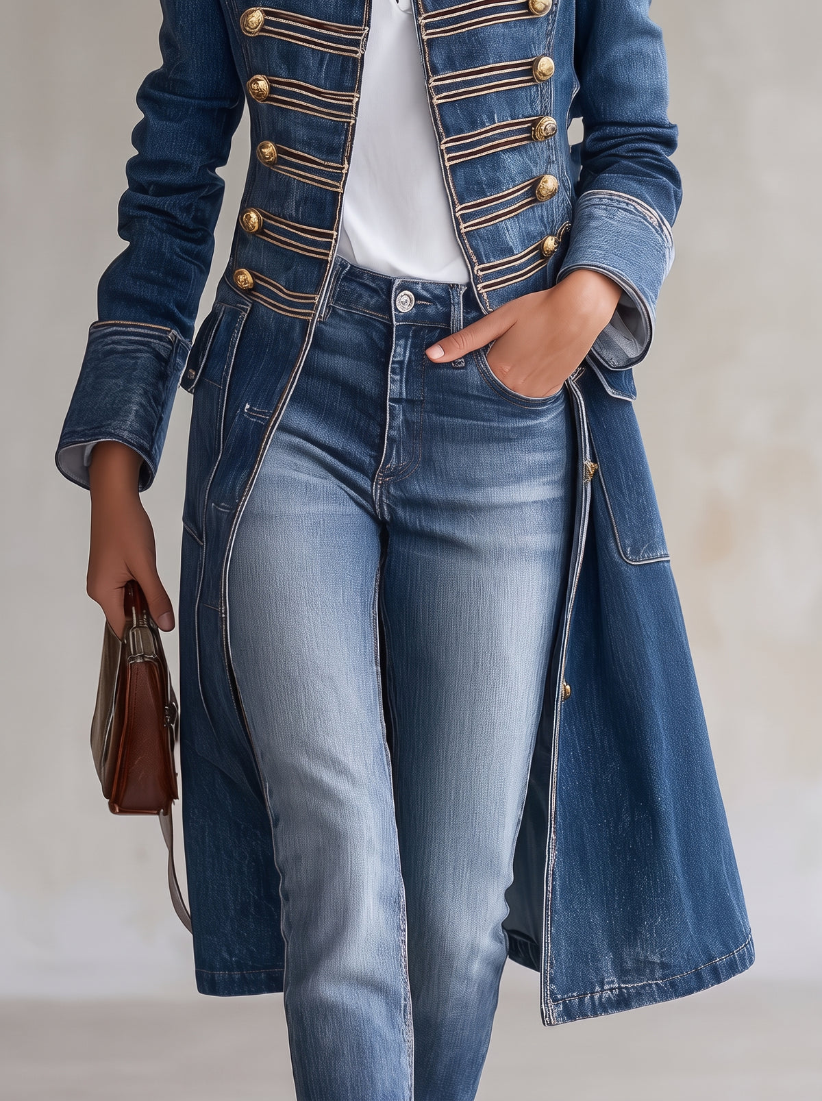Cappotto lungo in denim dal taglio aderente in stile militare con bottoni dorati
