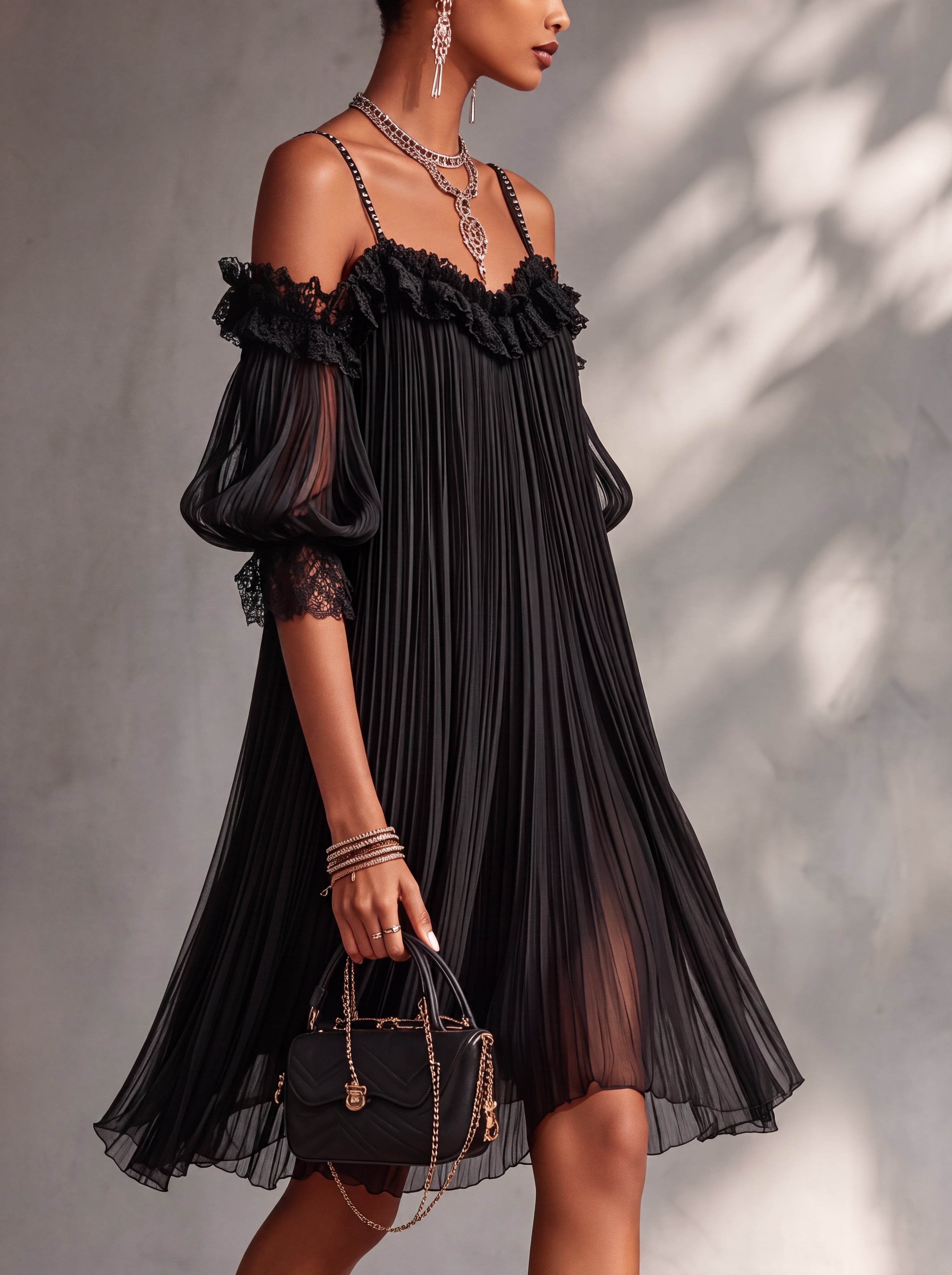 Vittoria | Miniabito nero in chiffon con spalle scoperte e rifiniture in pizzo