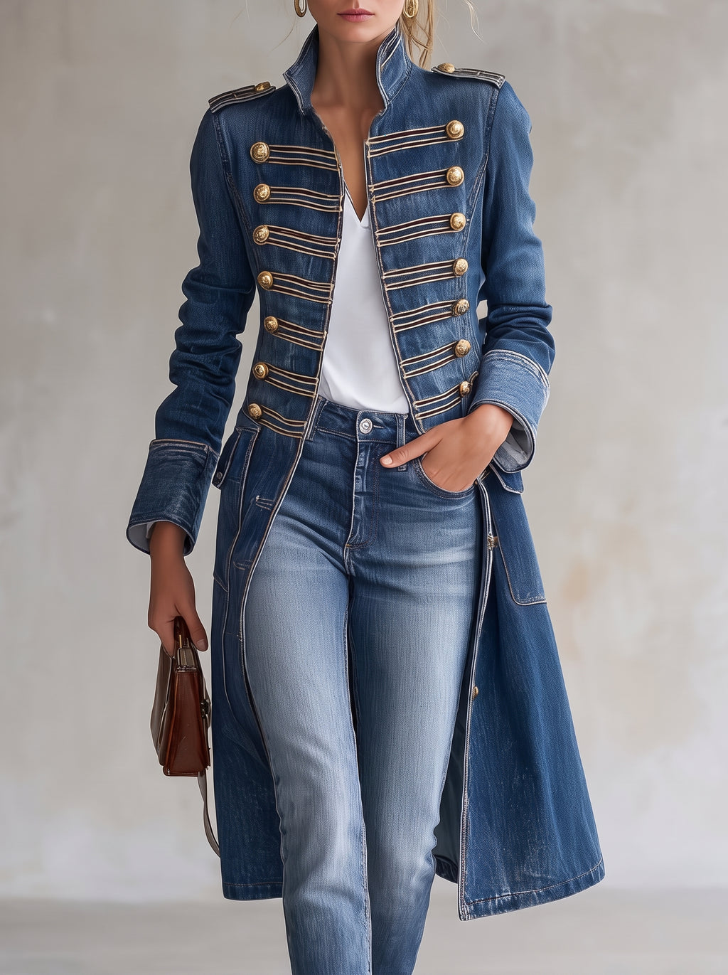 Cappotto lungo in denim dal taglio aderente in stile militare con bottoni dorati