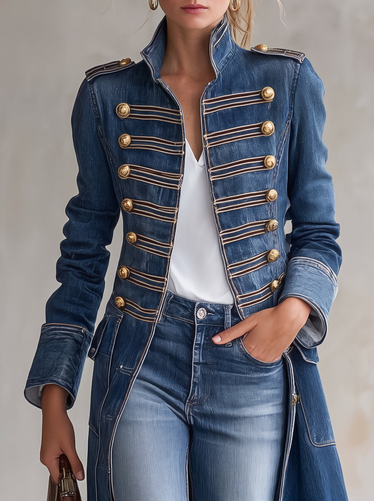 Cappotto lungo in denim dal taglio aderente in stile militare con bottoni dorati