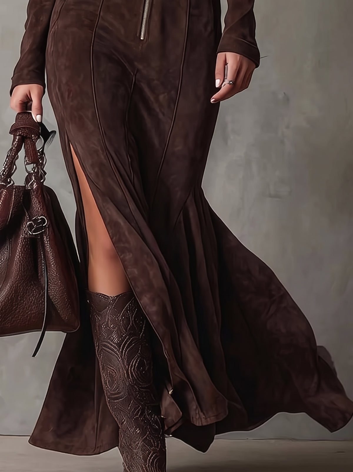 Claudia – Abito Lungo Marrone con Cintura