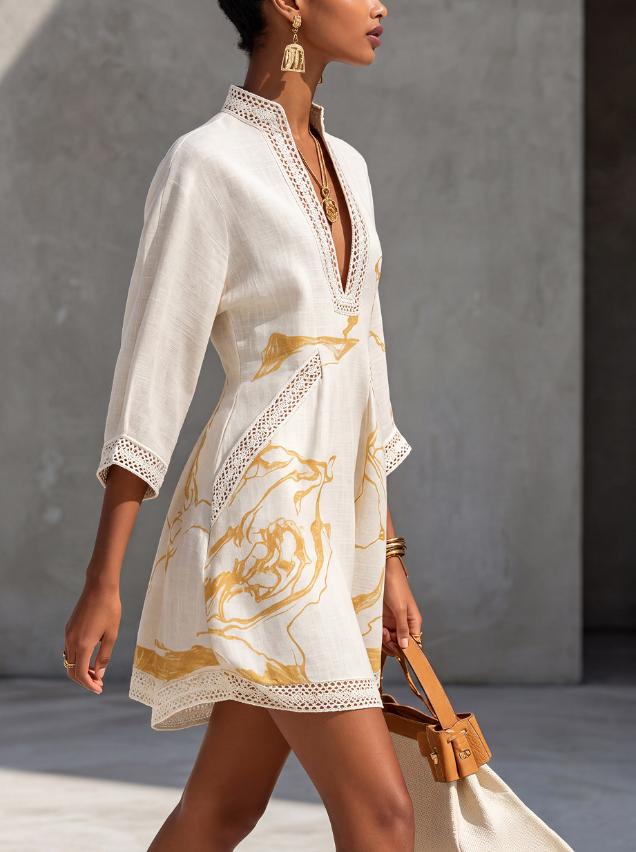 ALIENOR | Abito mini in pizzo all'uncinetto avorio con motivi dorati e scollatura a v