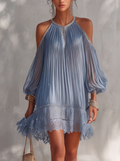 SERAPHINE | abito mini blu con spalle scoperte arricciato e orlo in pizzo
