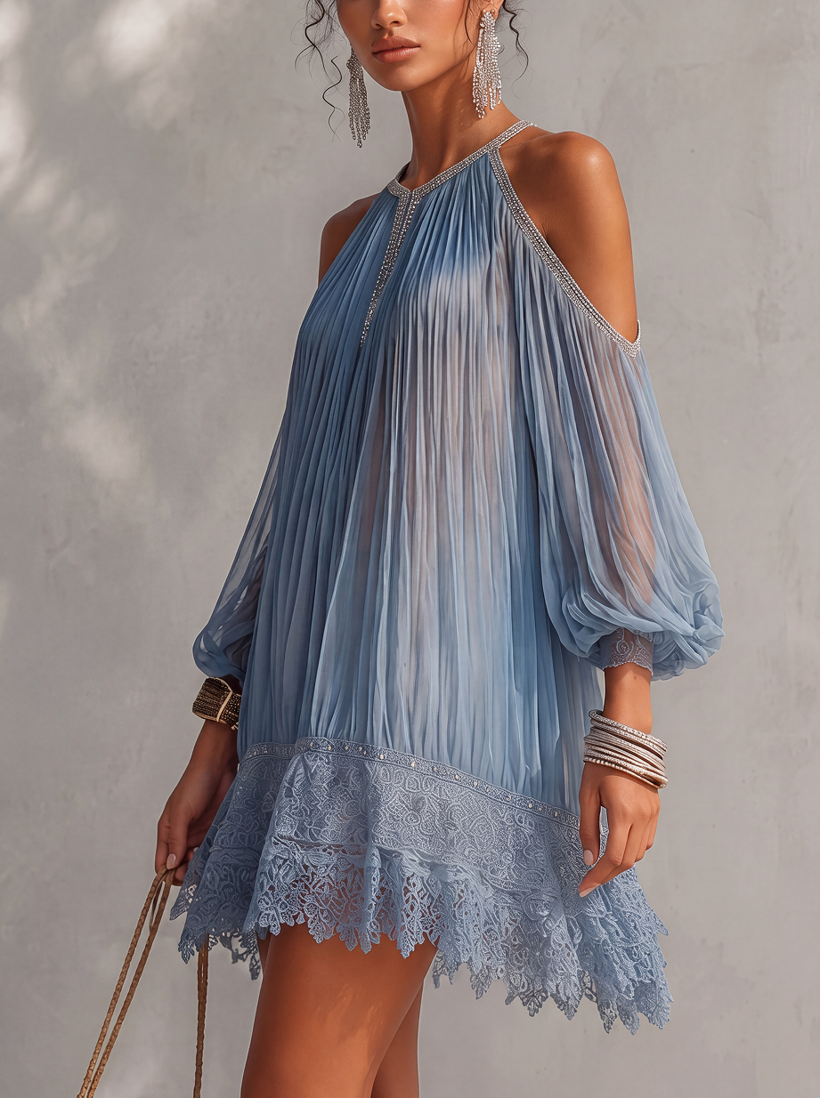 SERAPHINE | abito mini blu con spalle scoperte arricciato e orlo in pizzo
