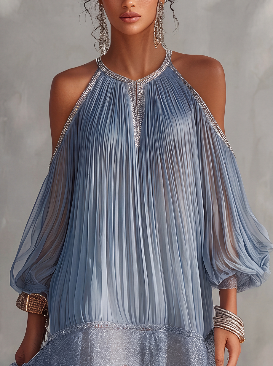 SERAPHINE | abito mini blu con spalle scoperte arricciato e orlo in pizzo