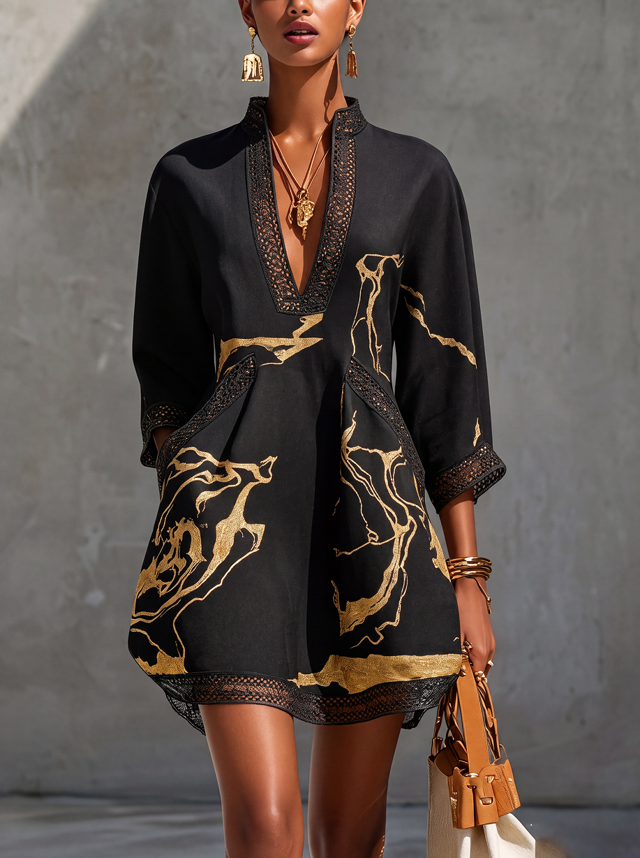 LÉONIE | Abito mini in pizzo all'uncinetto nero con motivi dorati e scollo a V