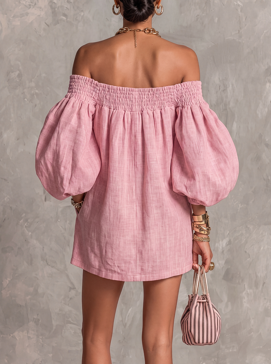 VIOLETTE | Abito mini a trapezio rosa con maniche a lanterne e spalle scoperte