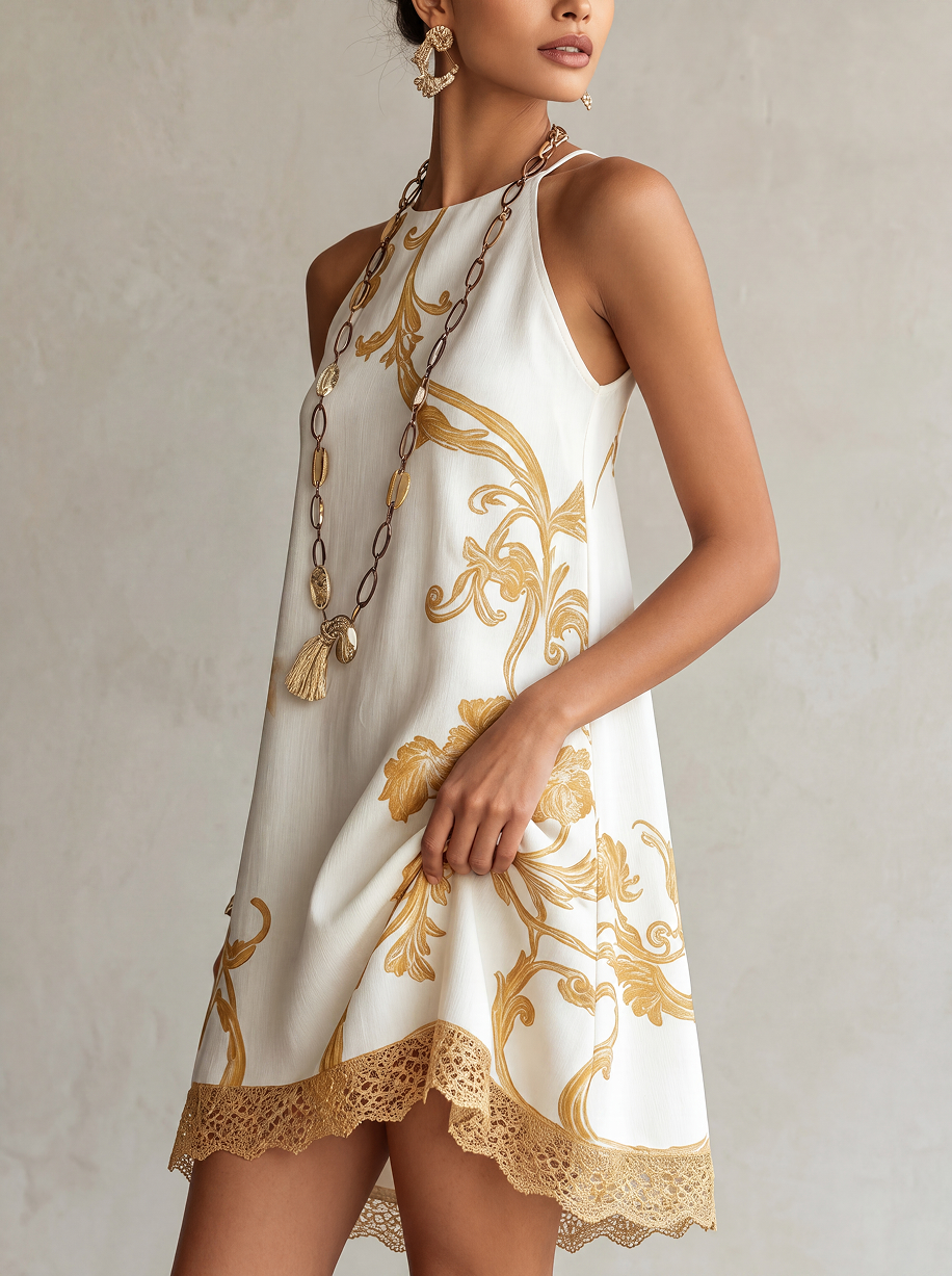 HÉLOÏSE | Abito mini in pizzo bianco con motivi dorati