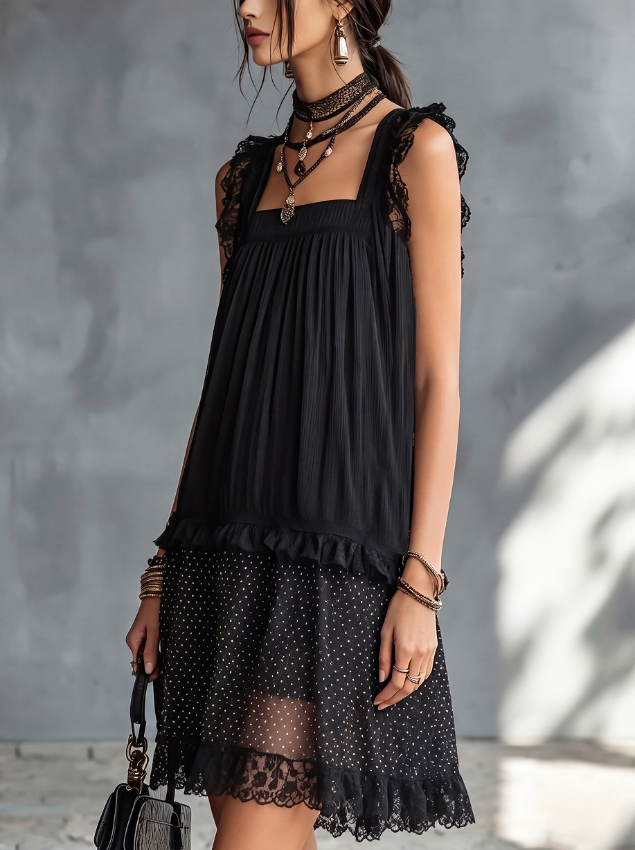 PAULINE | Abito mini trasparente a pois, volant e bordo in pizzo nero