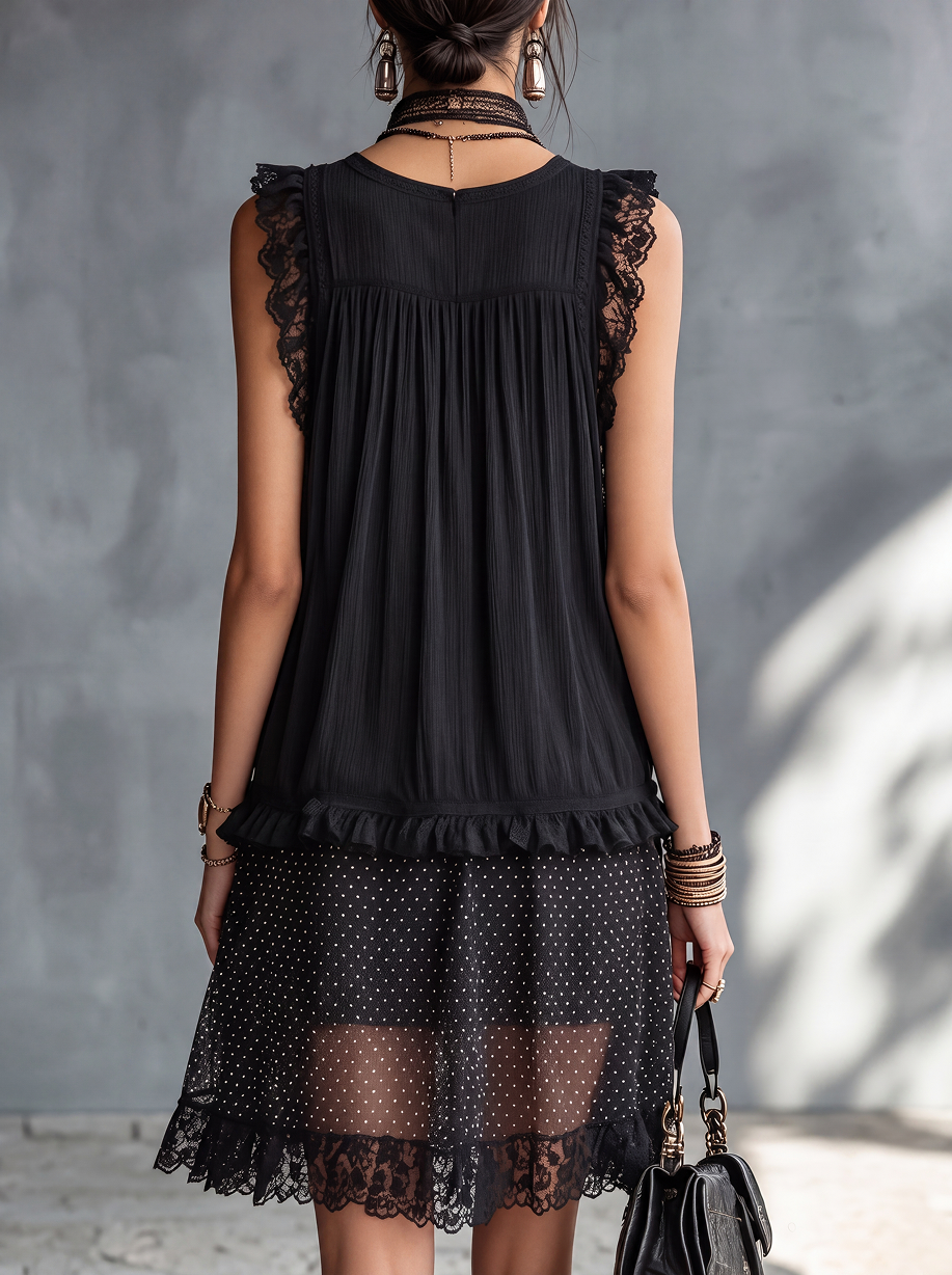 PAULINE | Abito mini trasparente a pois, volant e bordo in pizzo nero