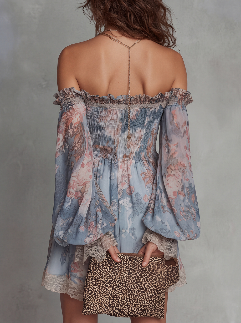 ROMANE | Abito mini in mousseline arricciato con spalle scoperte e fiori romantici