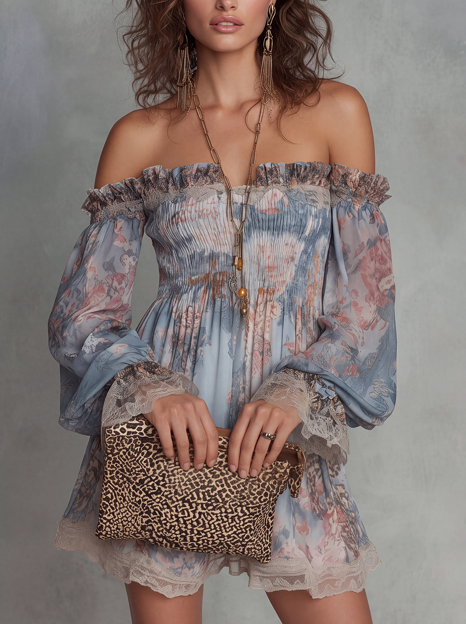 ROMANE | Abito mini in mousseline arricciato con spalle scoperte e fiori romantici