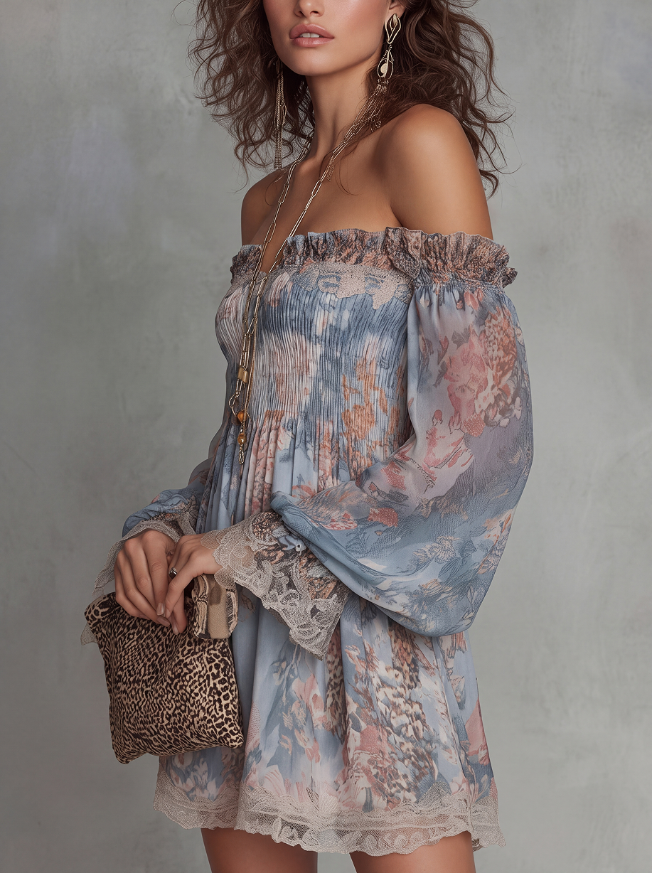 ROMANE | Abito mini in mousseline arricciato con spalle scoperte e fiori romantici