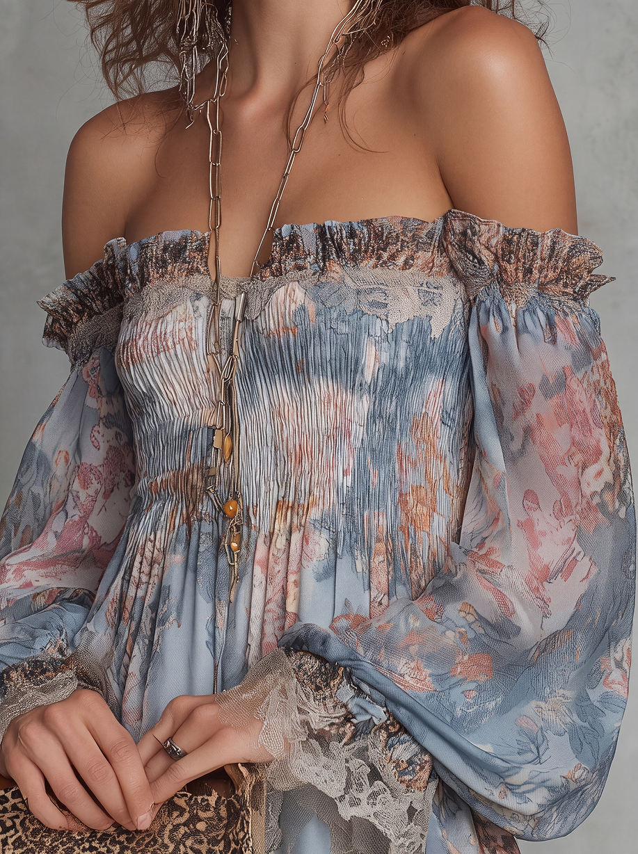 ROMANE | Abito mini in mousseline arricciato con spalle scoperte e fiori romantici