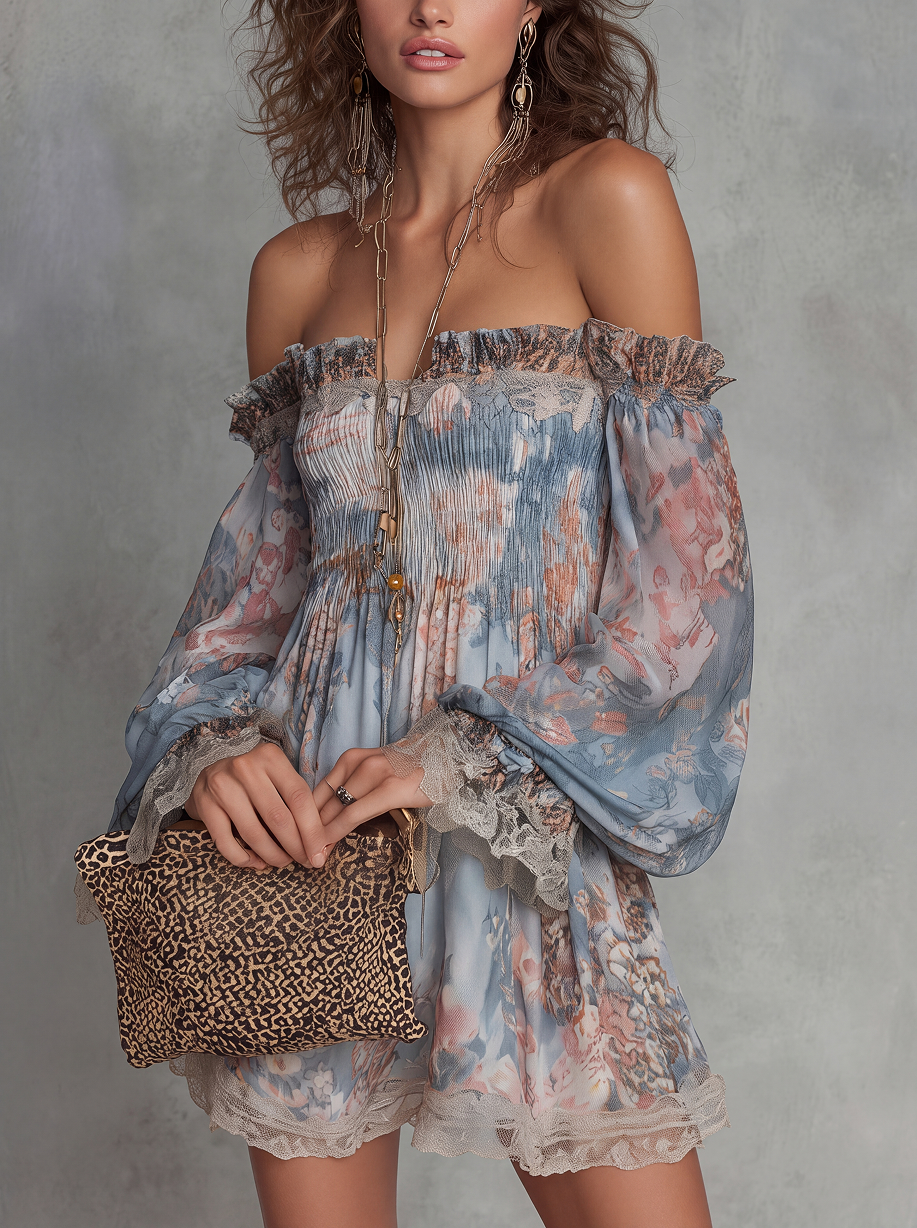 ROMANE | Abito mini in mousseline arricciato con spalle scoperte e fiori romantici