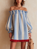 ONDINE | Mini abito strisce blu e bianco con spalle scoperte e orlo a contrasto