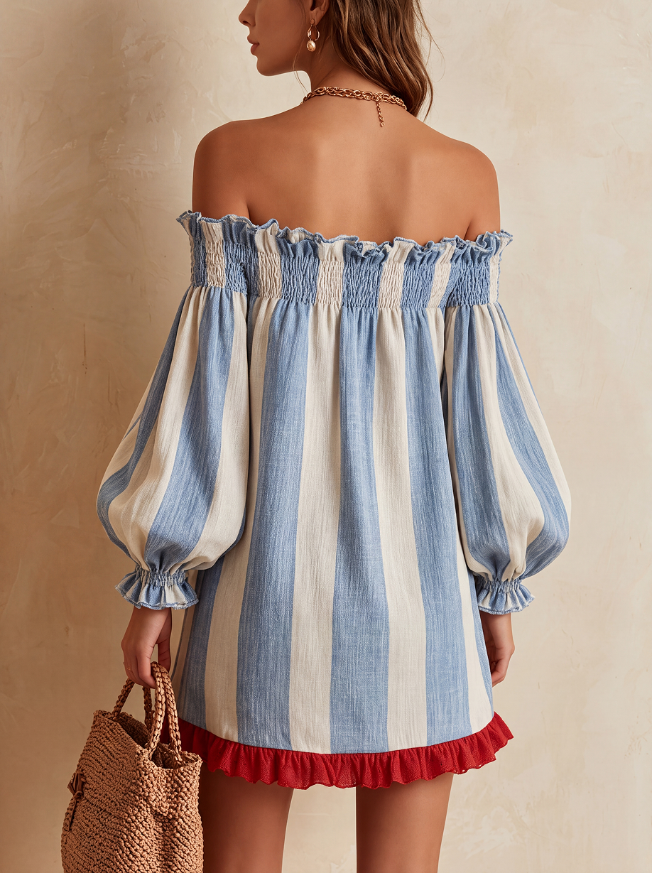 ONDINE | Mini abito strisce blu e bianco con spalle scoperte e orlo a contrasto