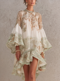ROSALIE | Abito mini in mousseline con maniche volantate e orlo a righe verde