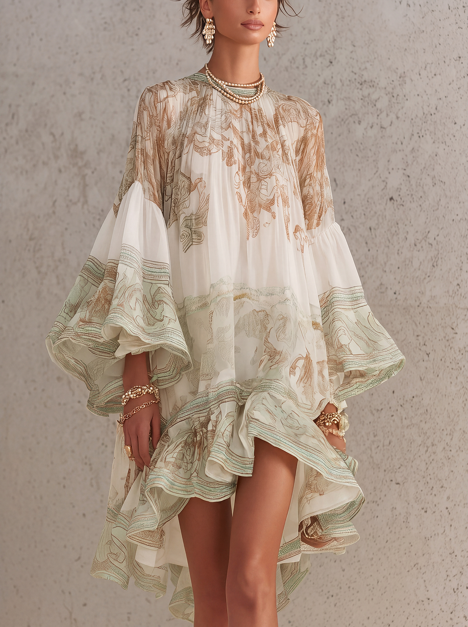 ROSALIE | Abito mini in mousseline con maniche volantate e orlo a righe verde