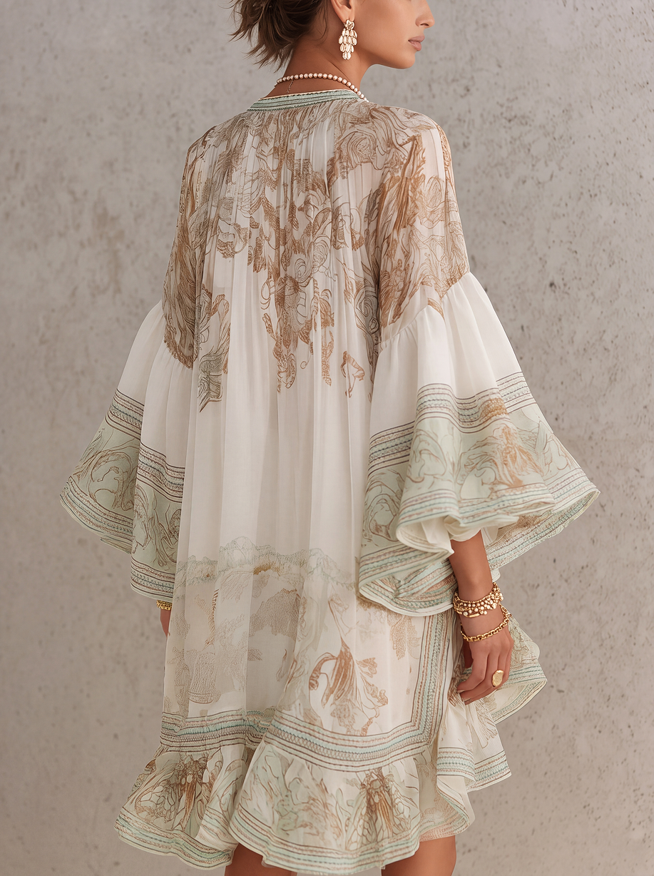 ROSALIE | Abito mini in mousseline con maniche volantate e orlo a righe verde
