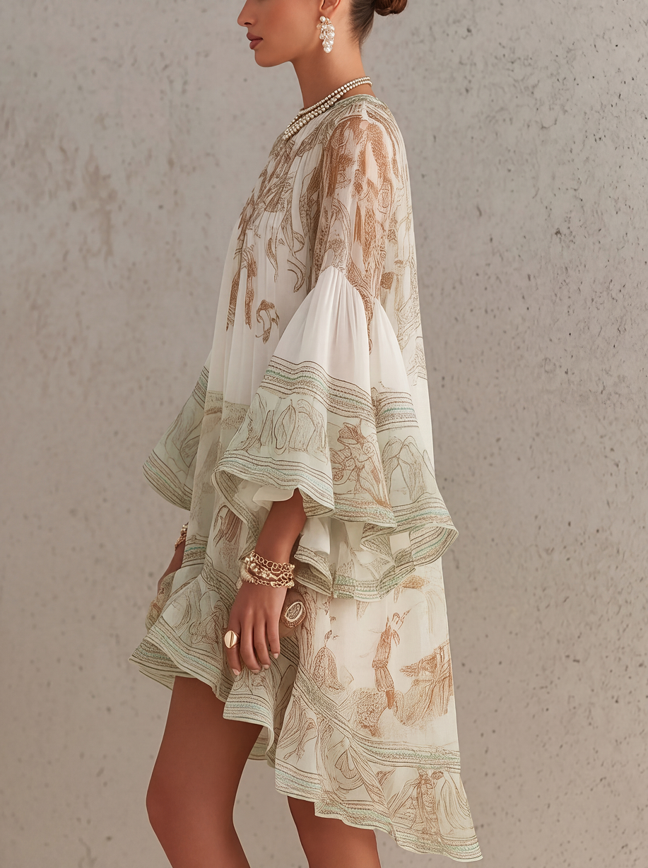 ROSALIE | Abito mini in mousseline con maniche volantate e orlo a righe verde