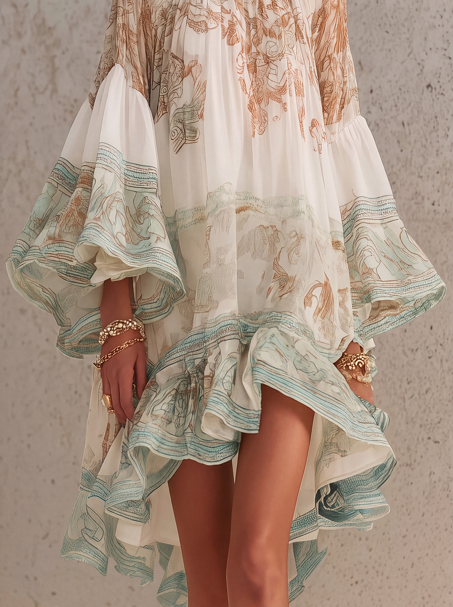 ROSALIE | Abito mini in mousseline con maniche volantate e orlo a righe verde