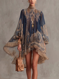 BÉRÉNICE | Abito mini in mousseline asimmetrica con stampa barocca blu marino e collo alto
