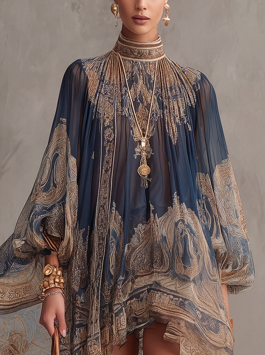 BÉRÉNICE | Abito mini in mousseline asimmetrica con stampa barocca blu marino e collo alto