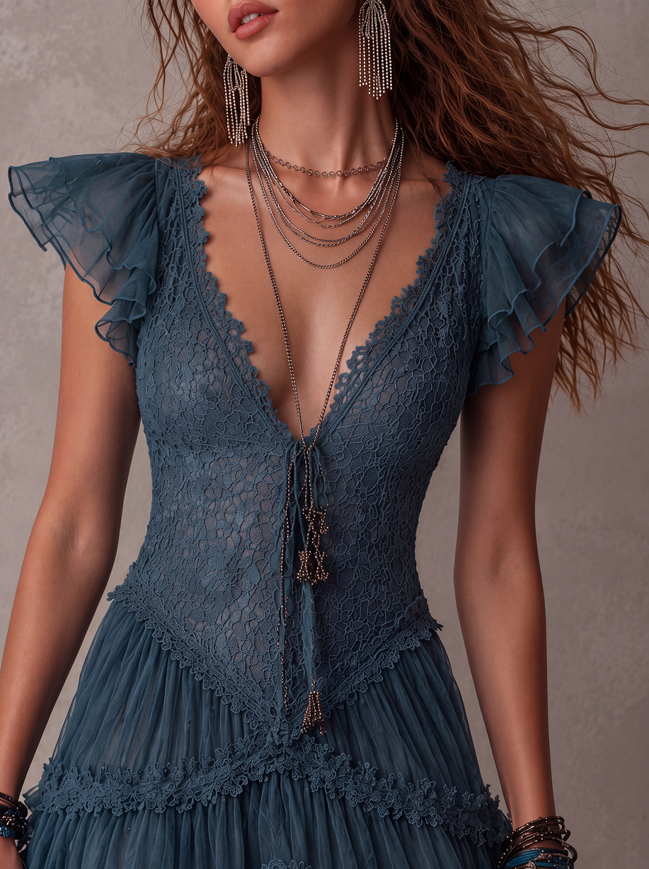 DELPHINE | Mini abito con volant in pizzo e mousseline blu retro