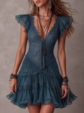 DELPHINE | Mini abito con volant in pizzo e mousseline blu retro