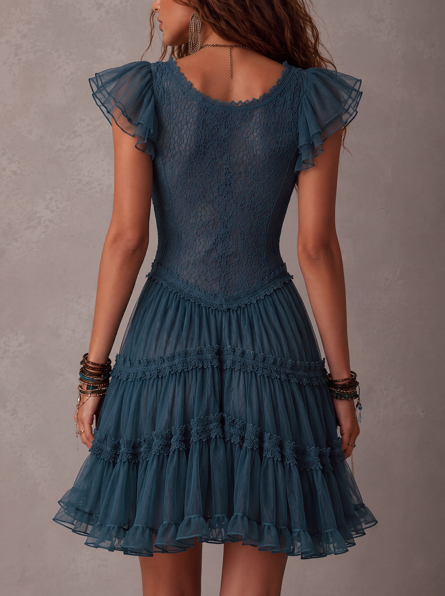 DELPHINE | Mini abito con volant in pizzo e mousseline blu retro