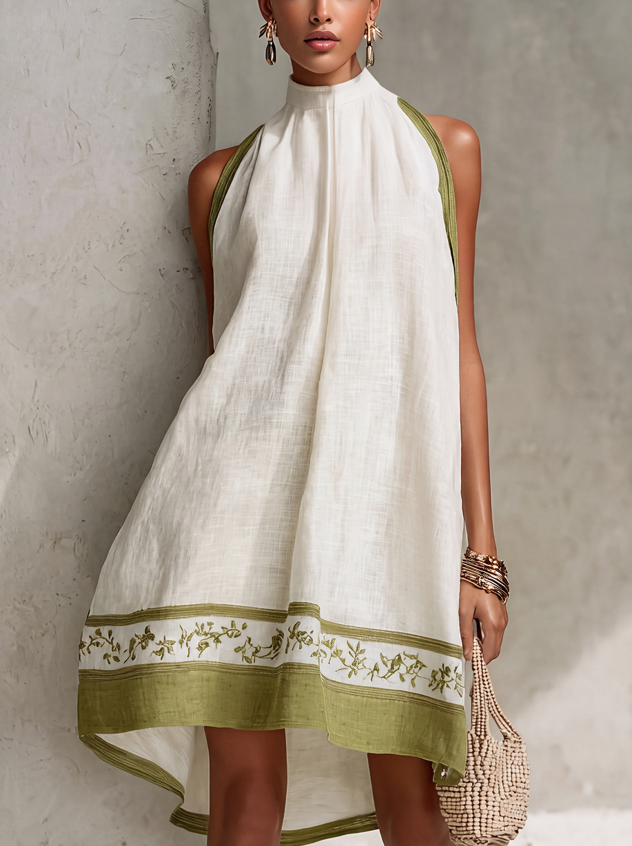 AGATHE | Abito mini a-line senza maniche bianco e verde oliva con fiori