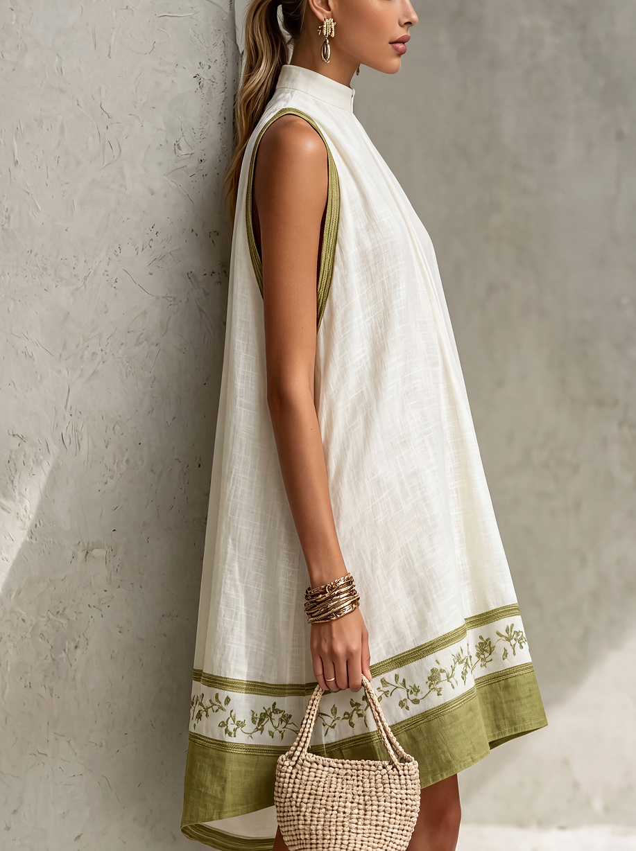 AGATHE | Abito mini a-line senza maniche bianco e verde oliva con fiori