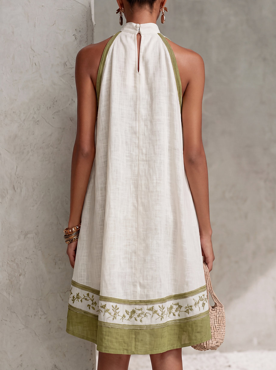 AGATHE | Abito mini a-line senza maniche bianco e verde oliva con fiori
