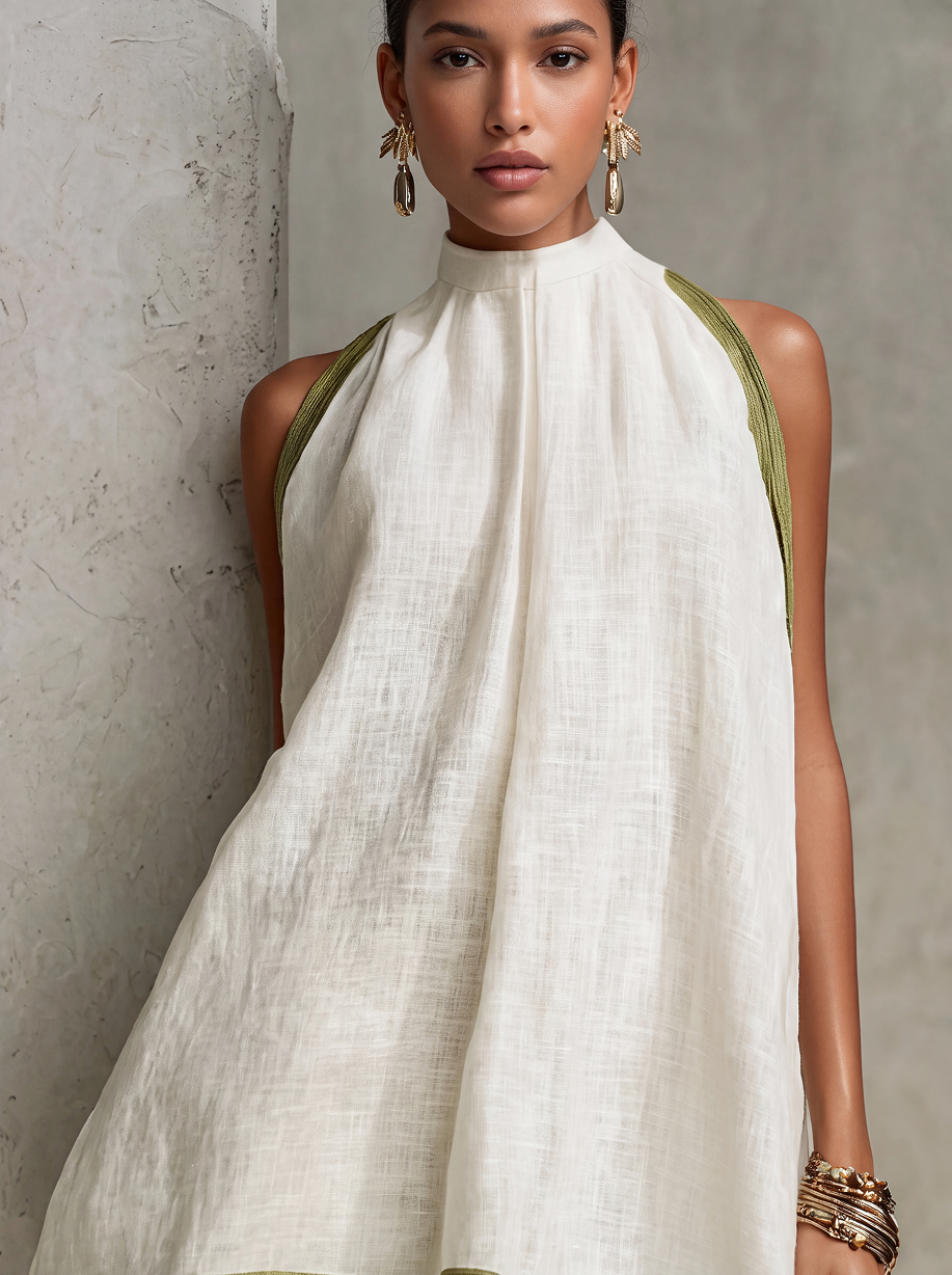 AGATHE | Abito mini a-line senza maniche bianco e verde oliva con fiori