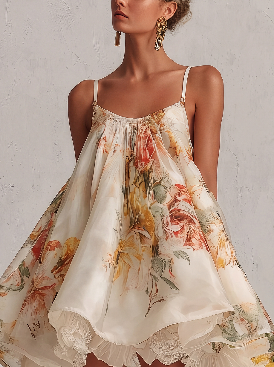 BLANCHE | Abito mini a campana in organza fiori beige con bordo in pizzo
