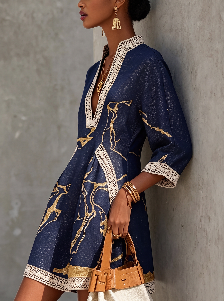 COSETTE | Abito mini in pizzo all'uncinetto blu marino con motivi dorati e scollo a V