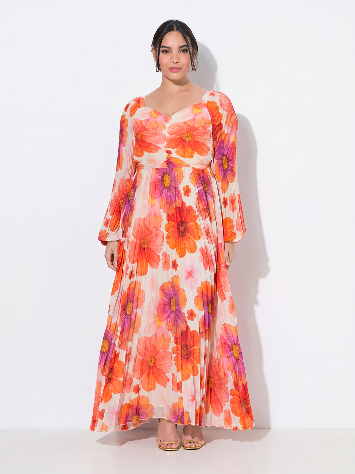 Maxi abito con fiori, scollo a cuore, maniche lunghe