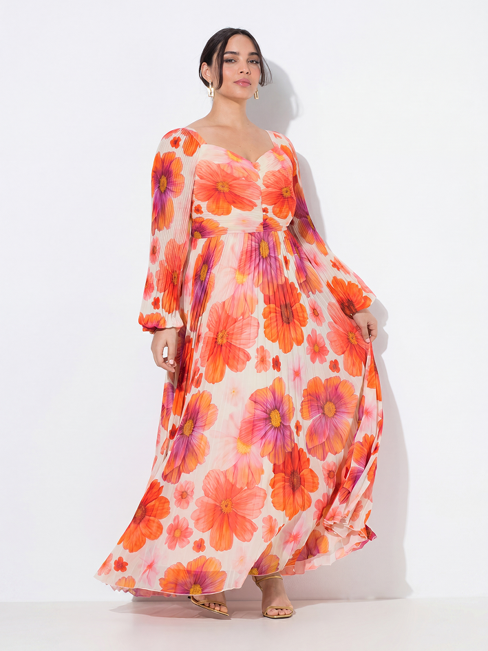 Maxi abito con fiori, scollo a cuore, maniche lunghe
